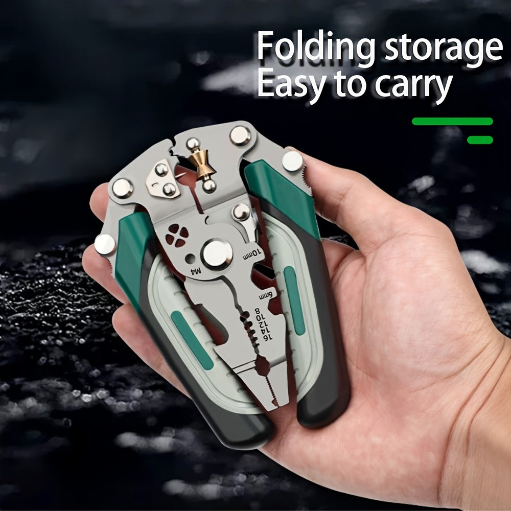 Foldable Multi-Tool Pliers for Electricians - Durable High Carbon Steel with Wire Strippers, Cutters, and Crimper - Compact Design for On-the-Go Electrical Work - Green & Gray Handles, Versatile Strippers | Ergonomic Handles Essiby