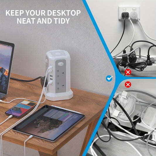 3.05M Tower Extension Lead with USB | 8 Outlets, 5 USB (20W PD) | Surge Protection & Night Light | 4 Independent Switches | 3250W Power Strip for Home & Office My Store