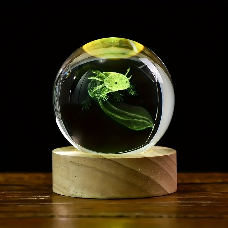 1pc 3D Axolotl Crystal Ball Gifts With Wooden Light Base, Animals Figurine Axolotl Stuffs Glass Sphere Night Light For Home Bedroom Decor, Birthday Present For Women, Men Or Axolotl Lovers 5.99 Cm