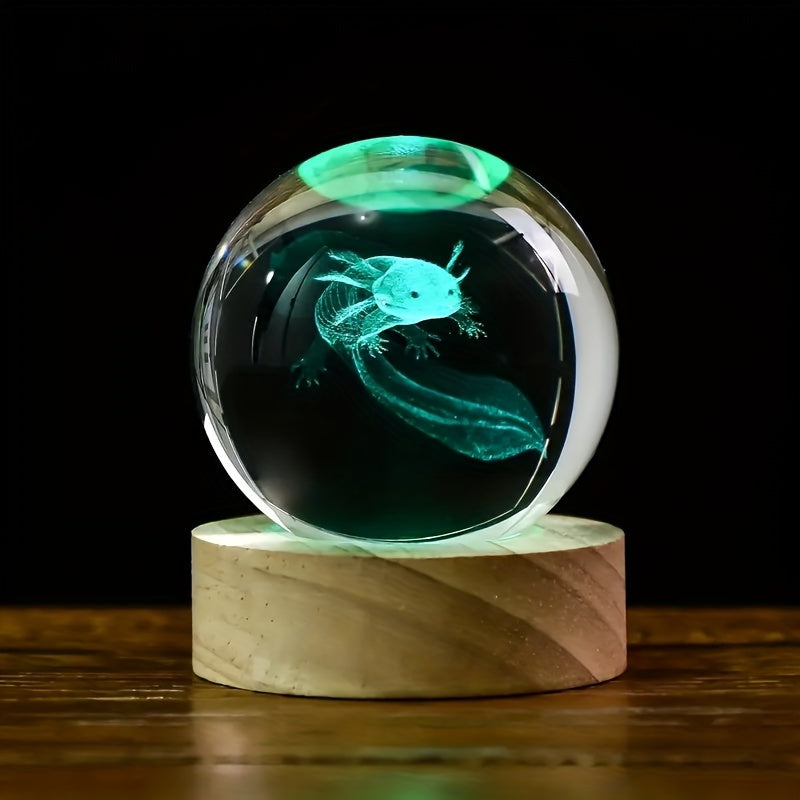 1pc 3D Axolotl Crystal Ball Gifts With Wooden Light Base, Animals Figurine Axolotl Stuffs Glass Sphere Night Light For Home Bedroom Decor, Birthday Present For Women, Men Or Axolotl Lovers 5.99 Cm