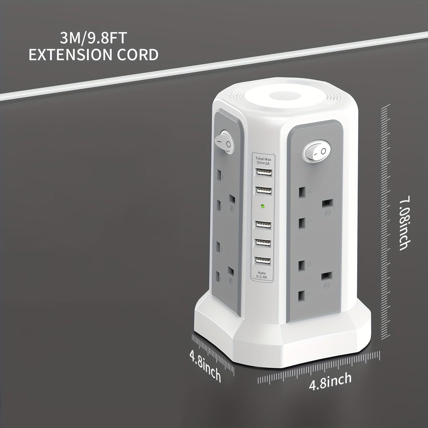 3.05M Tower Extension Lead with USB | 8 Outlets, 5 USB (20W PD) | Surge Protection & Night Light | 4 Independent Switches | 3250W Power Strip for Home & Office My Store