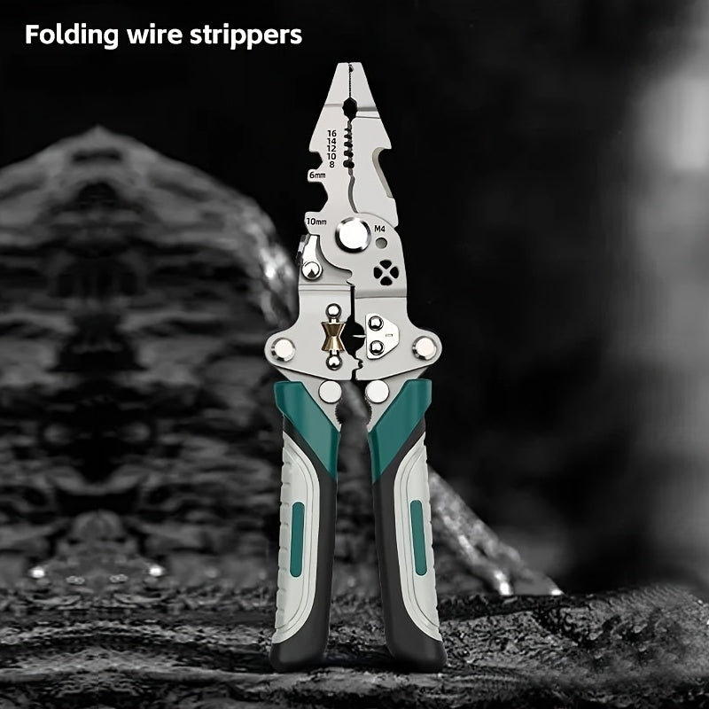Foldable Multi-Tool Pliers for Electricians - Durable High Carbon Steel with Wire Strippers, Cutters, and Crimper - Compact Design for On-the-Go Electrical Work - Green & Gray Handles, Versatile Strippers | Ergonomic Handles Essiby