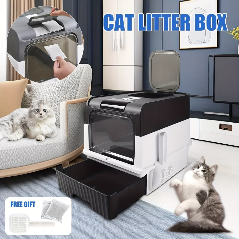 Extra Large Enclosed Cat Litter Box with Removable Tray – Odor Control Durable Plastic Litter Box for Multi-Cat Homes – Gray & Black (35x48x36cm) – DC2205520