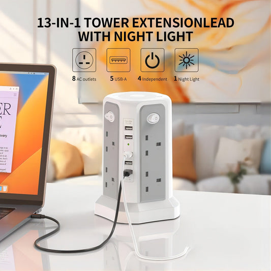 3.05M Tower Extension Lead with USB | 8 Outlets, 5 USB (20W PD) | Surge Protection & Night Light | 4 Independent Switches | 3250W Power Strip for Home & Office My Store