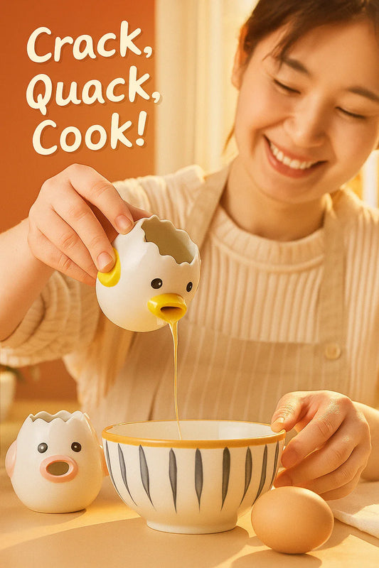 A set of four absorbent coasters with a playful food-themed design. The illustrations feature a cracked egg, a smiling duck, and cooking utensils on a natural background.