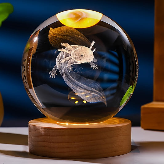 1pc 3D Axolotl Crystal Ball Gifts With Wooden Light Base, Animals Figurine Axolotl Stuffs Glass Sphere Night Light For Home Bedroom Decor, Birthday Present For Women, Men Or Axolotl Lovers 5.99 Cm
