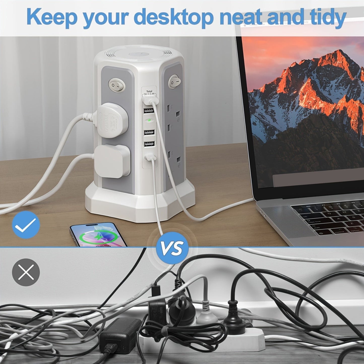 3.05M Tower Extension Lead with USB | 8 Outlets, 5 USB (20W PD) | Surge Protection & Night Light | 4 Independent Switches | 3250W Power Strip for Home & Office My Store