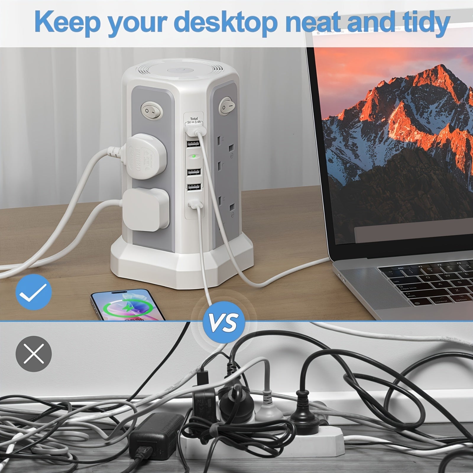 3.05M Tower Extension Lead with USB | 8 Outlets, 5 USB (20W PD) | Surge Protection & Night Light | 4 Independent Switches | 3250W Power Strip for Home & Office My Store