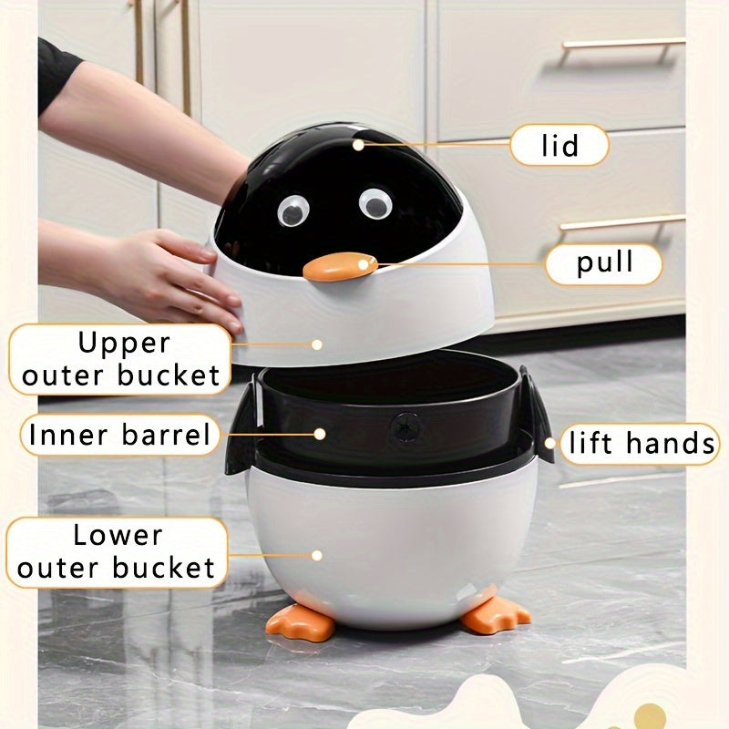 Cartoon Penguin Trash Can 12L/2.6Gal – Cute Flip-Up Plastic Waste Bin for Bedroom, Living Room, Dorm, or Office | Decorative & Practical Gift