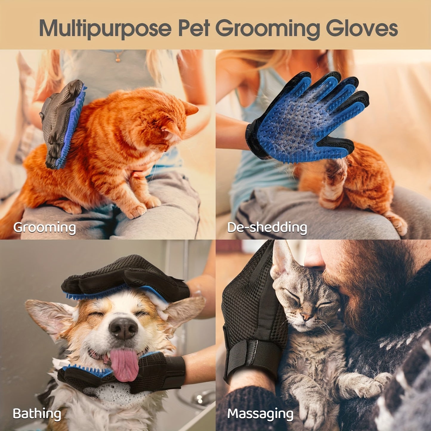 2-Pack Pet Grooming Gloves for Dogs & Cats, Hair Removal Mitts with Massaging and Deshedding Abilities, Non-Toxic Rubber Bristle Material