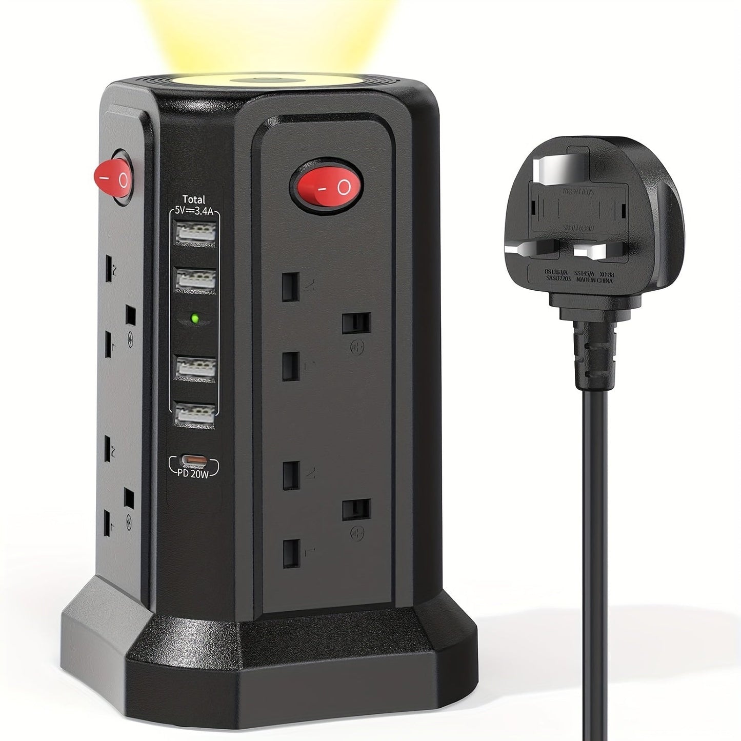 3.05M Tower Extension Lead with USB | 8 Outlets, 5 USB (20W PD) | Surge Protection & Night Light | 4 Independent Switches | 3250W Power Strip for Home & Office My Store