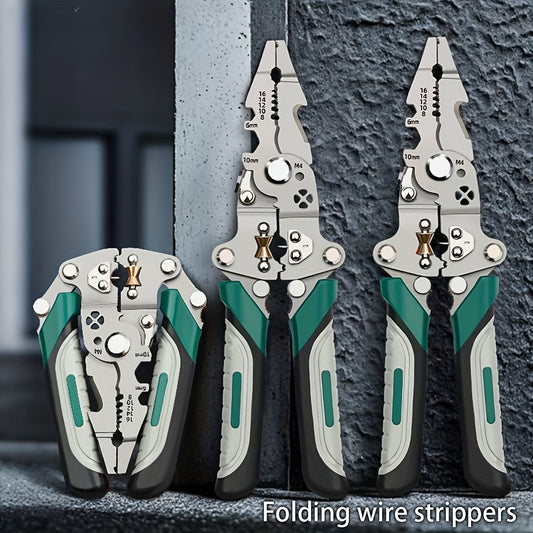 Foldable Multi-Tool Pliers for Electricians - Durable High Carbon Steel with Wire Strippers, Cutters, and Crimper - Compact Design for On-the-Go Electrical Work - Green & Gray Handles, Versatile Strippers | Ergonomic Handles Essiby