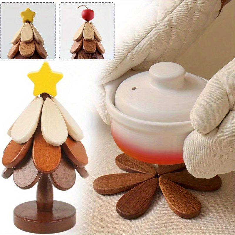 Like a Tree, Insulated Mats, Pot Holders, Coasters with Holders, Handmade Bamboo Tree Mat, Foldable Hot Vegetable Tree Mat, Christmas Tree Mat 5pcs Set