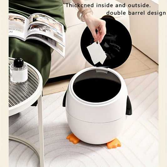 Cartoon Penguin Trash Can 12L/2.6Gal – Cute Flip-Up Plastic Waste Bin for Bedroom, Living Room, Dorm, or Office | Decorative & Practical Gift