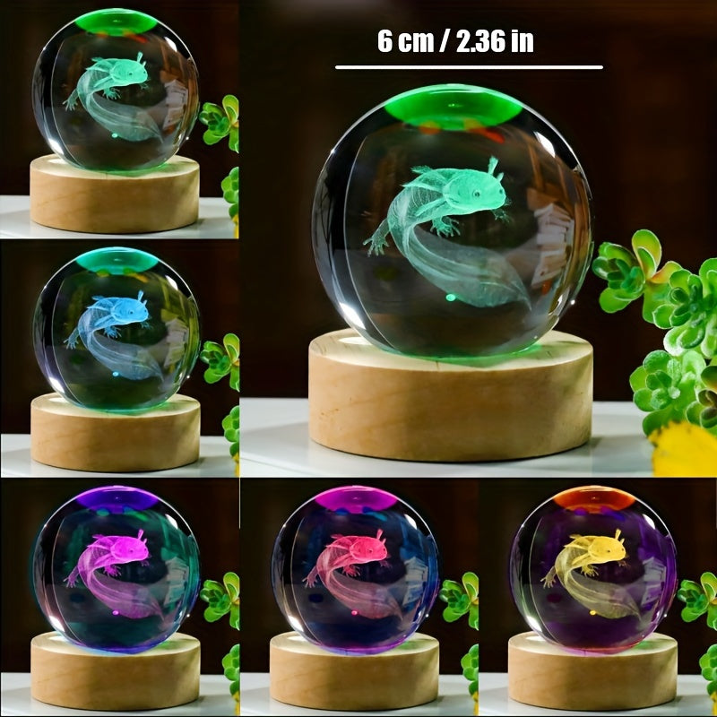 1pc 3D Axolotl Crystal Ball Gifts With Wooden Light Base, Animals Figurine Axolotl Stuffs Glass Sphere Night Light For Home Bedroom Decor, Birthday Present For Women, Men Or Axolotl Lovers 5.99 Cm