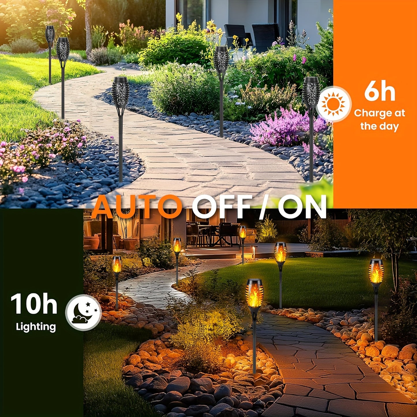 4/8/12pcs Solar Powered Flickering Flame Garden Lights – Torch Style Outdoor LED Landscape Lighting with Auto On/Off – 600mAh Solar Battery – YG488188