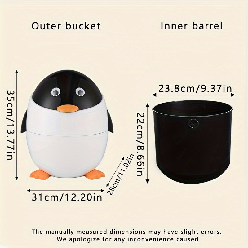 Cartoon Penguin Trash Can 12L/2.6Gal – Cute Flip-Up Plastic Waste Bin for Bedroom, Living Room, Dorm, or Office | Decorative & Practical Gift