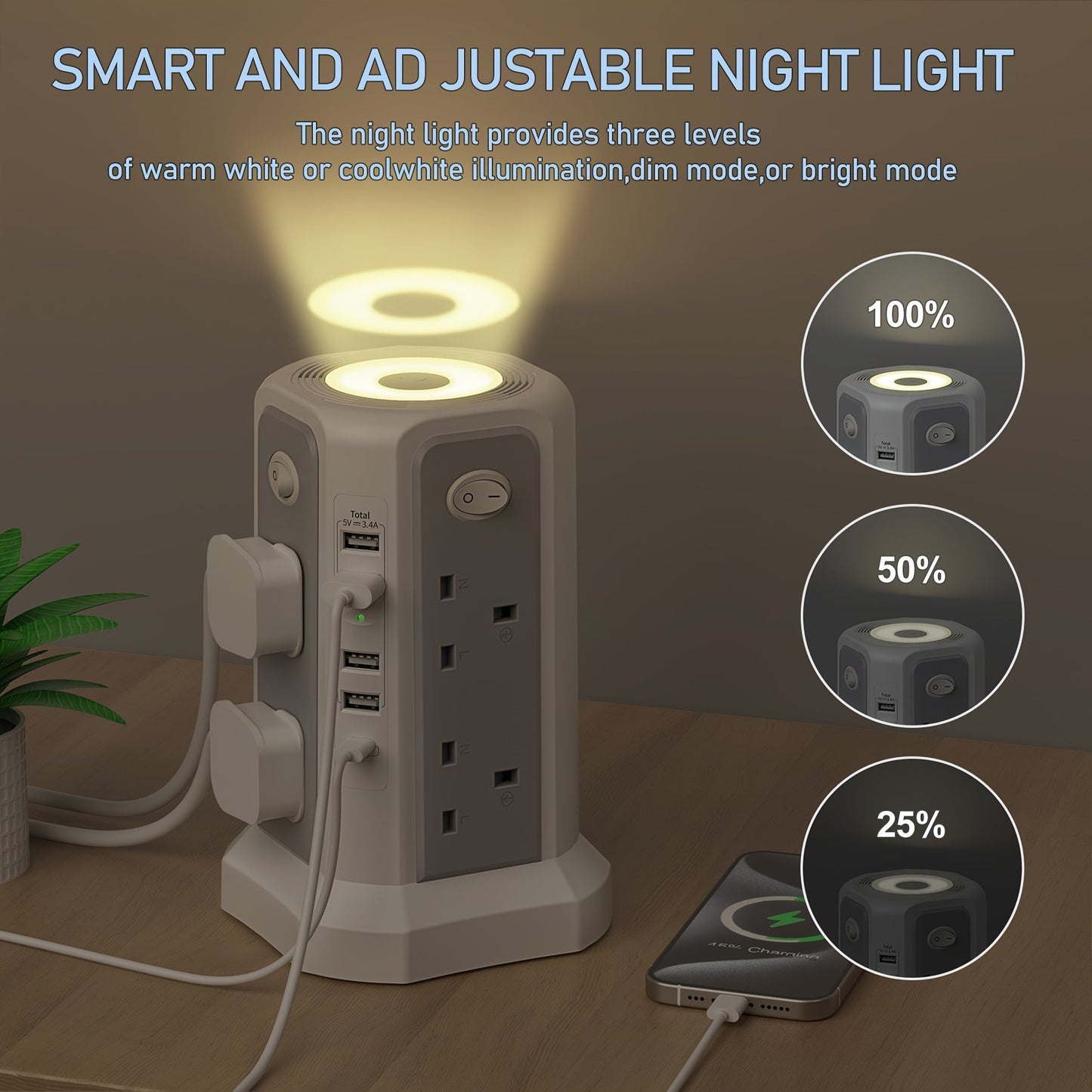 3.05M Tower Extension Lead with USB | 8 Outlets, 5 USB (20W PD) | Surge Protection & Night Light | 4 Independent Switches | 3250W Power Strip for Home & Office My Store