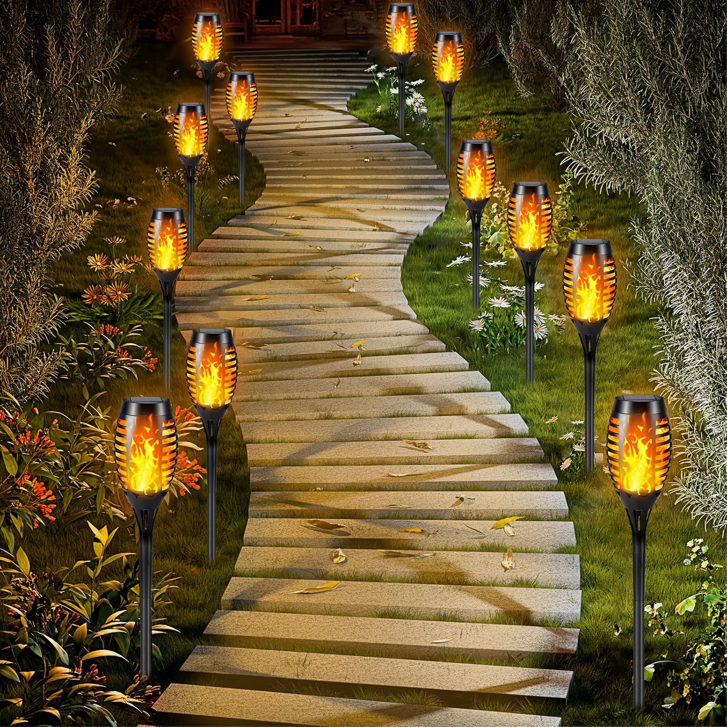 4/8/12pcs Solar Powered Flickering Flame Garden Lights – Torch Style Outdoor LED Landscape Lighting with Auto On/Off – 600mAh Solar Battery – YG488188