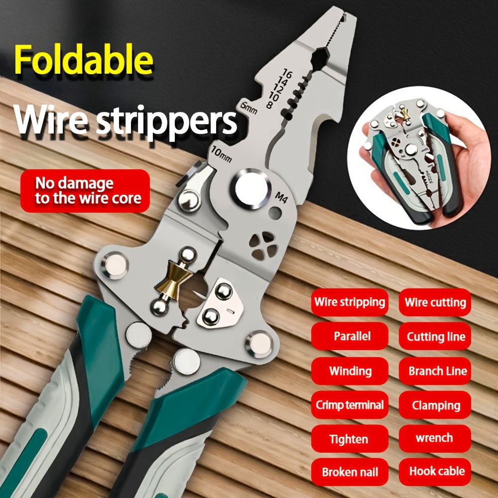 Foldable Multi-Tool Pliers for Electricians - Durable High Carbon Steel with Wire Strippers, Cutters, and Crimper - Compact Design for On-the-Go Electrical Work - Green & Gray Handles, Versatile Strippers | Ergonomic Handles Essiby