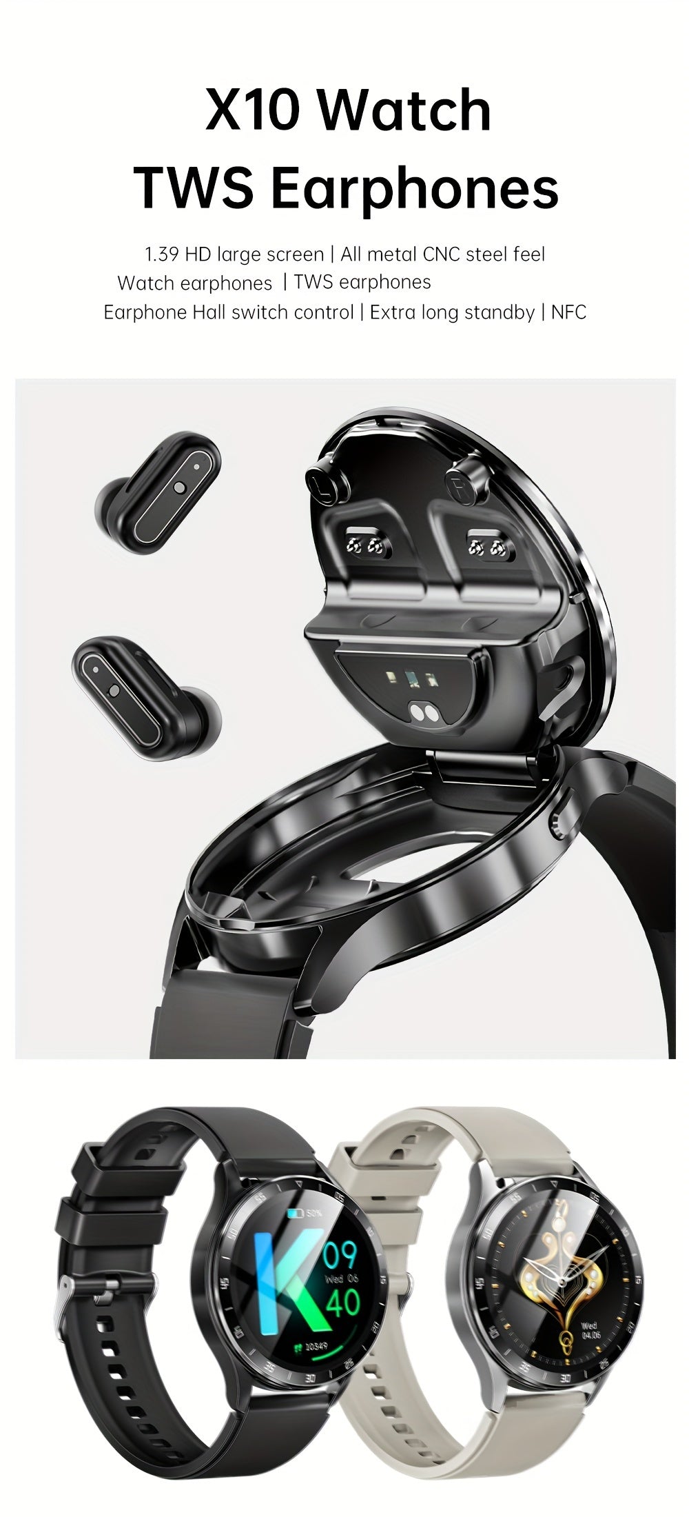 Men's Fashion Smart Watch & Earphones 2-in-1 | 1.39-inch HD Full Touch Screen | Wireless Calling, NFC, Multiple Sports Modes | Fitness Tracker with Built-in Headphones My Store