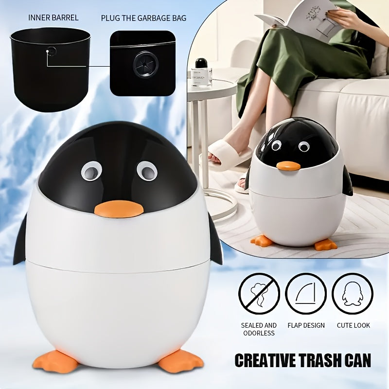Cartoon Penguin Trash Can 12L/2.6Gal – Cute Flip-Up Plastic Waste Bin for Bedroom, Living Room, Dorm, or Office | Decorative & Practical Gift