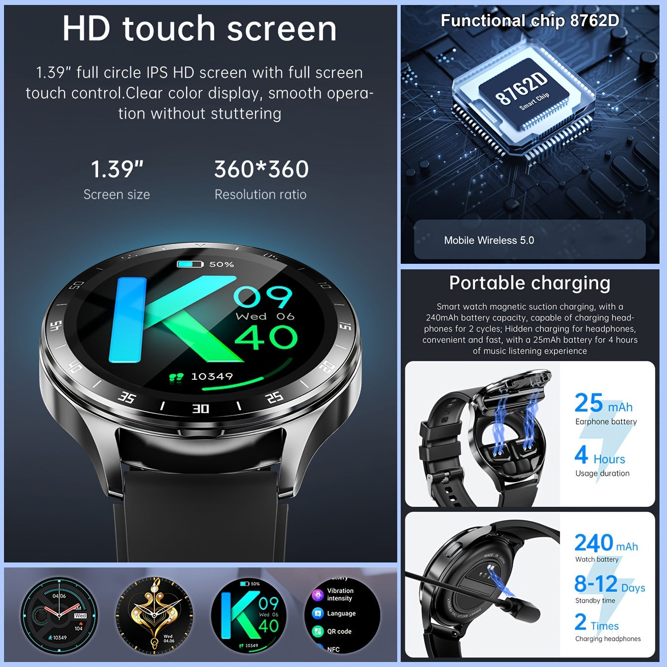 Men's Fashion Smart Watch & Earphones 2-in-1 | 1.39-inch HD Full Touch Screen | Wireless Calling, NFC, Multiple Sports Modes | Fitness Tracker with Built-in Headphones My Store