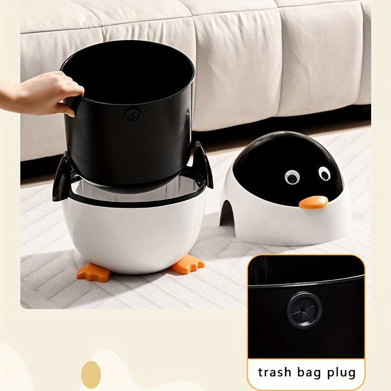Cartoon Penguin Trash Can 12L/2.6Gal – Cute Flip-Up Plastic Waste Bin for Bedroom, Living Room, Dorm, or Office | Decorative & Practical Gift