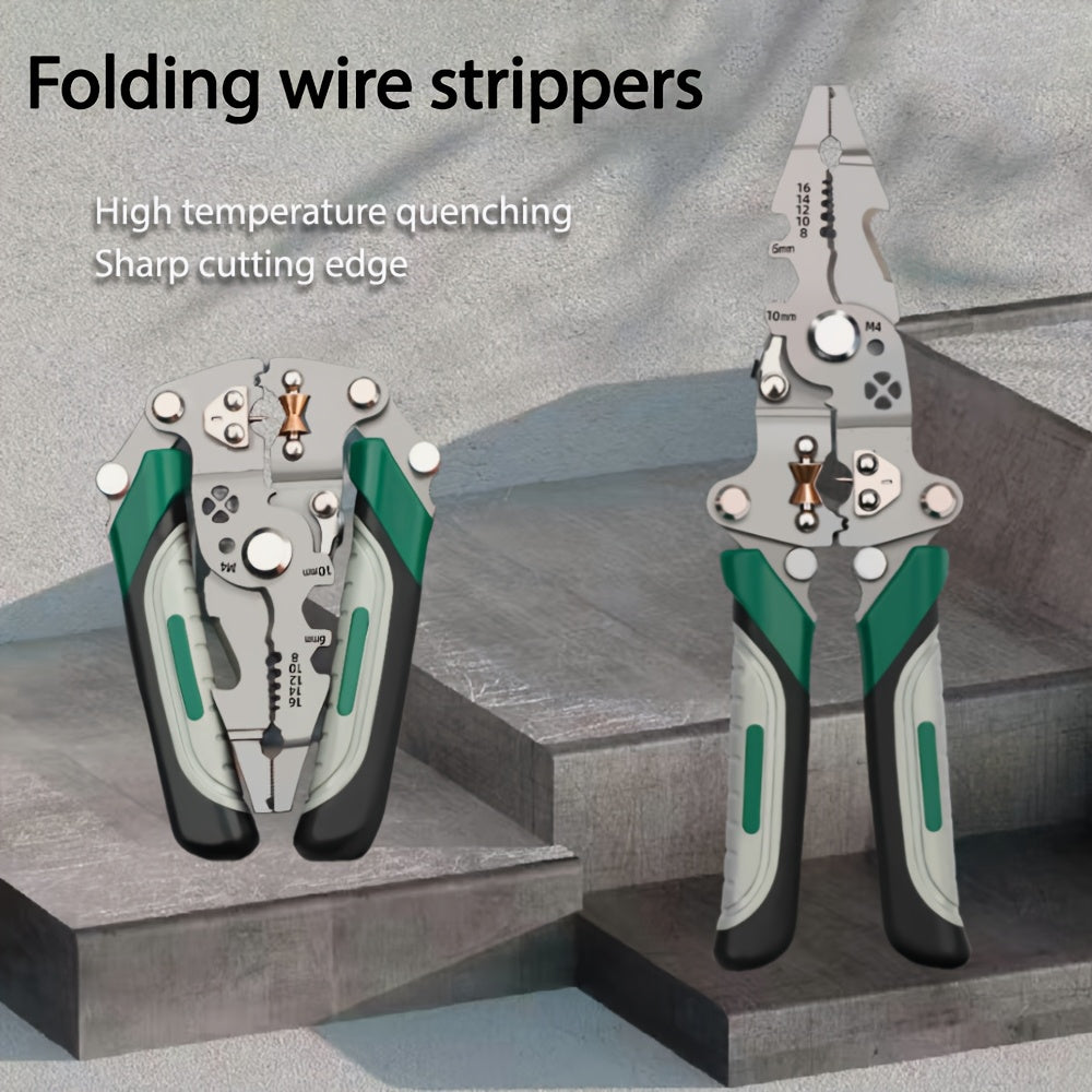 Foldable Multi-Tool Pliers for Electricians - Durable High Carbon Steel with Wire Strippers, Cutters, and Crimper - Compact Design for On-the-Go Electrical Work - Green & Gray Handles, Versatile Strippers | Ergonomic Handles Essiby
