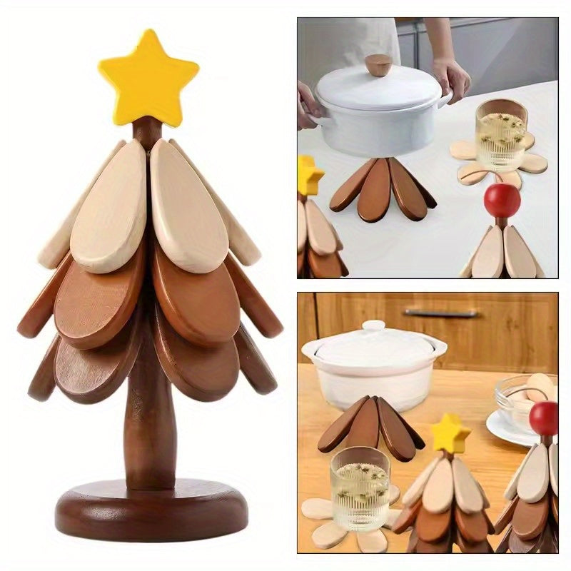 Like a Tree, Insulated Mats, Pot Holders, Coasters with Holders, Handmade Bamboo Tree Mat, Foldable Hot Vegetable Tree Mat, Christmas Tree Mat 5pcs Set