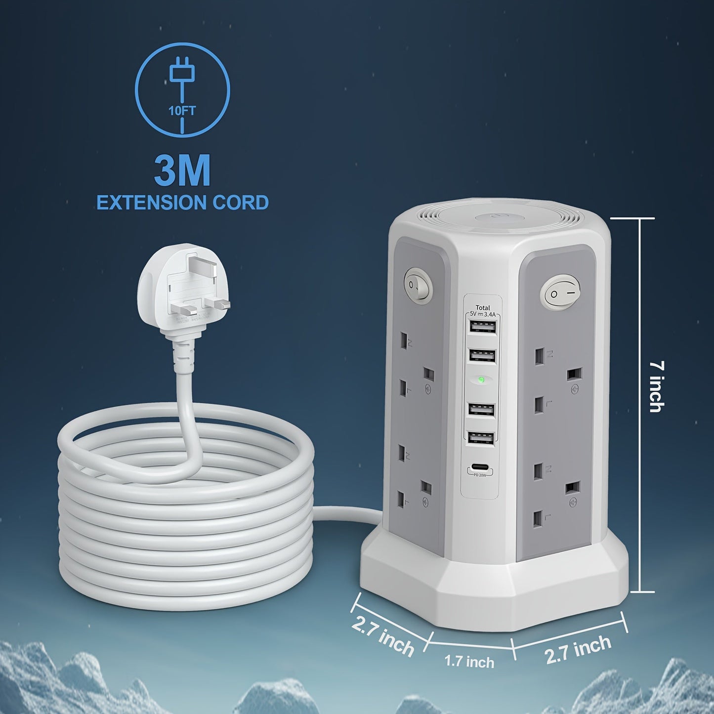3.05M Tower Extension Lead with USB | 8 Outlets, 5 USB (20W PD) | Surge Protection & Night Light | 4 Independent Switches | 3250W Power Strip for Home & Office My Store