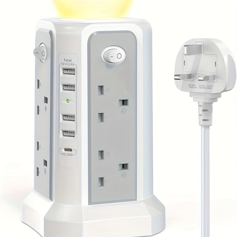 3.05M Tower Extension Lead with USB | 8 Outlets, 5 USB (20W PD) | Surge Protection & Night Light | 4 Independent Switches | 3250W Power Strip for Home & Office My Store