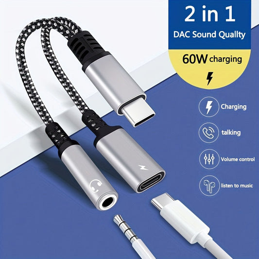 60W PD Fast-Charging 2-in-1 USB-C to AUX Audio Adapter Cord – High-Quality Sound & Multi-Device Compatibility for Type-C Smartphones, Tablets, and More My Store