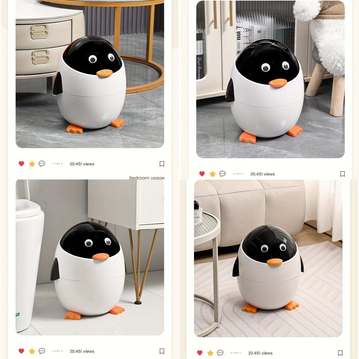 Cartoon Penguin Trash Can 12L/2.6Gal – Cute Flip-Up Plastic Waste Bin for Bedroom, Living Room, Dorm, or Office | Decorative & Practical Gift