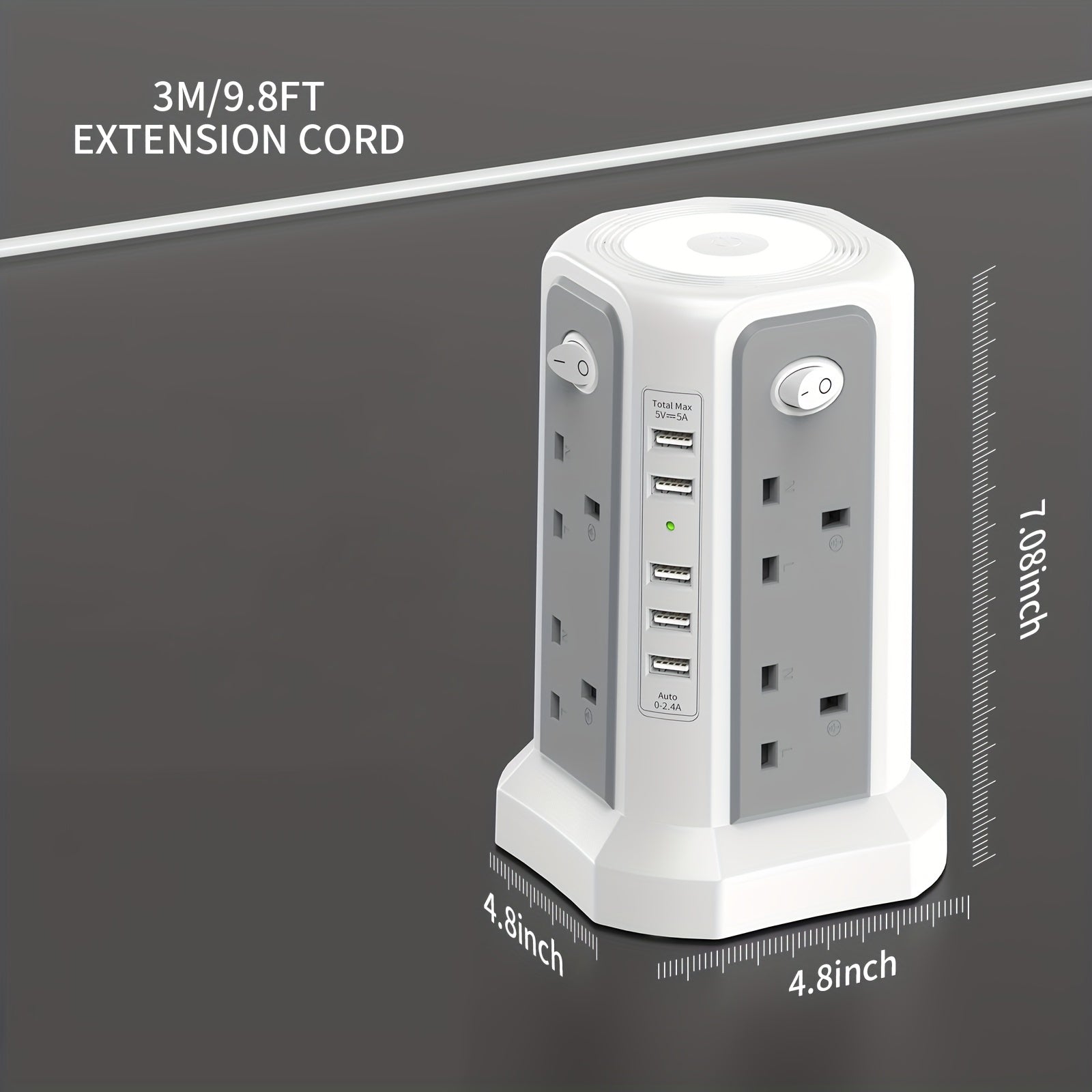 3.05M Tower Extension Lead with USB | 8 Outlets, 5 USB (20W PD) | Surge Protection & Night Light | 4 Independent Switches | 3250W Power Strip for Home & Office My Store