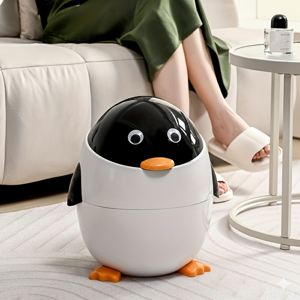 Cartoon Penguin Trash Can 12L/2.6Gal – Cute Flip-Up Plastic Waste Bin for Bedroom, Living Room, Dorm, or Office | Decorative & Practical Gift
