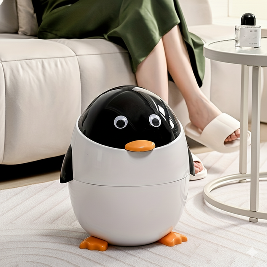 Cartoon Penguin Trash Can 12L/2.6Gal – Cute Flip-Up Plastic Waste Bin for Bedroom, Living Room, Dorm, or Office | Decorative & Practical Gift