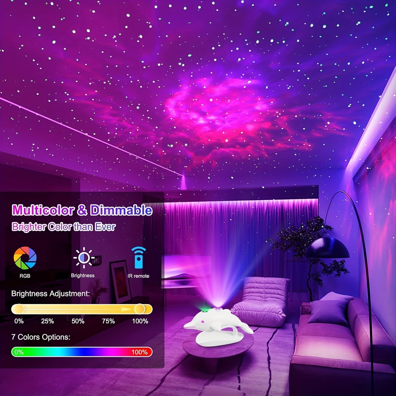 1pc Dolphin Galaxy Projection Lamp – USB Powered Starry Sky Light with Remote Control, 7 Adjustable Nebula Modes for Room Decoration My Store