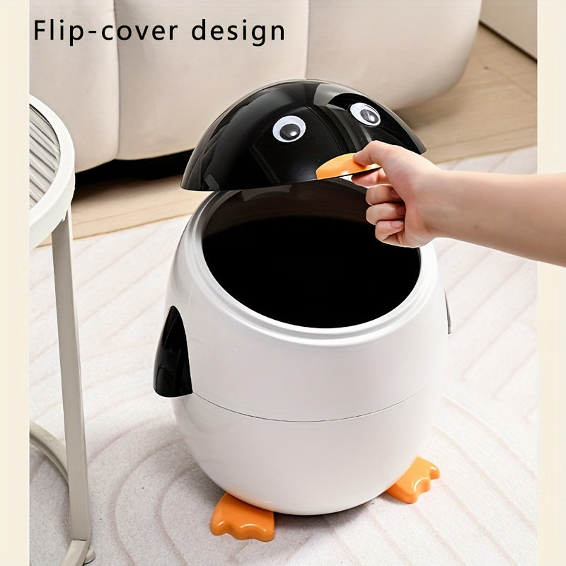 Cartoon Penguin Trash Can 12L/2.6Gal – Cute Flip-Up Plastic Waste Bin for Bedroom, Living Room, Dorm, or Office | Decorative & Practical Gift