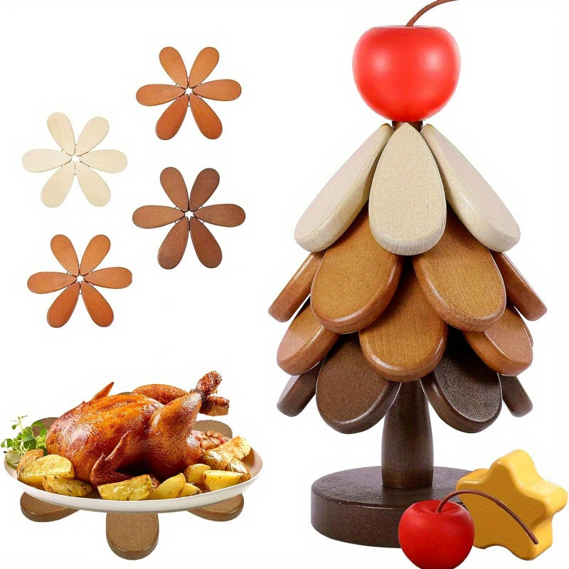 Like a Tree, Insulated Mats, Pot Holders, Coasters with Holders, Handmade Bamboo Tree Mat, Foldable Hot Vegetable Tree Mat, Christmas Tree Mat 5pcs Set