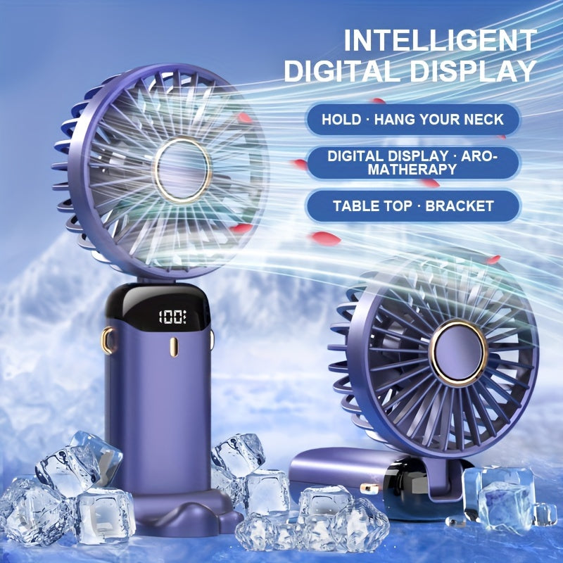 Compact USB Rechargeable Handheld Fan with Adjustable 90° Angle, Digital Display, Aromatherapy Holder, and Sleek Design – Portable Desktop Fan for Men, Women & Students (Purple & Blue/Black) My Store