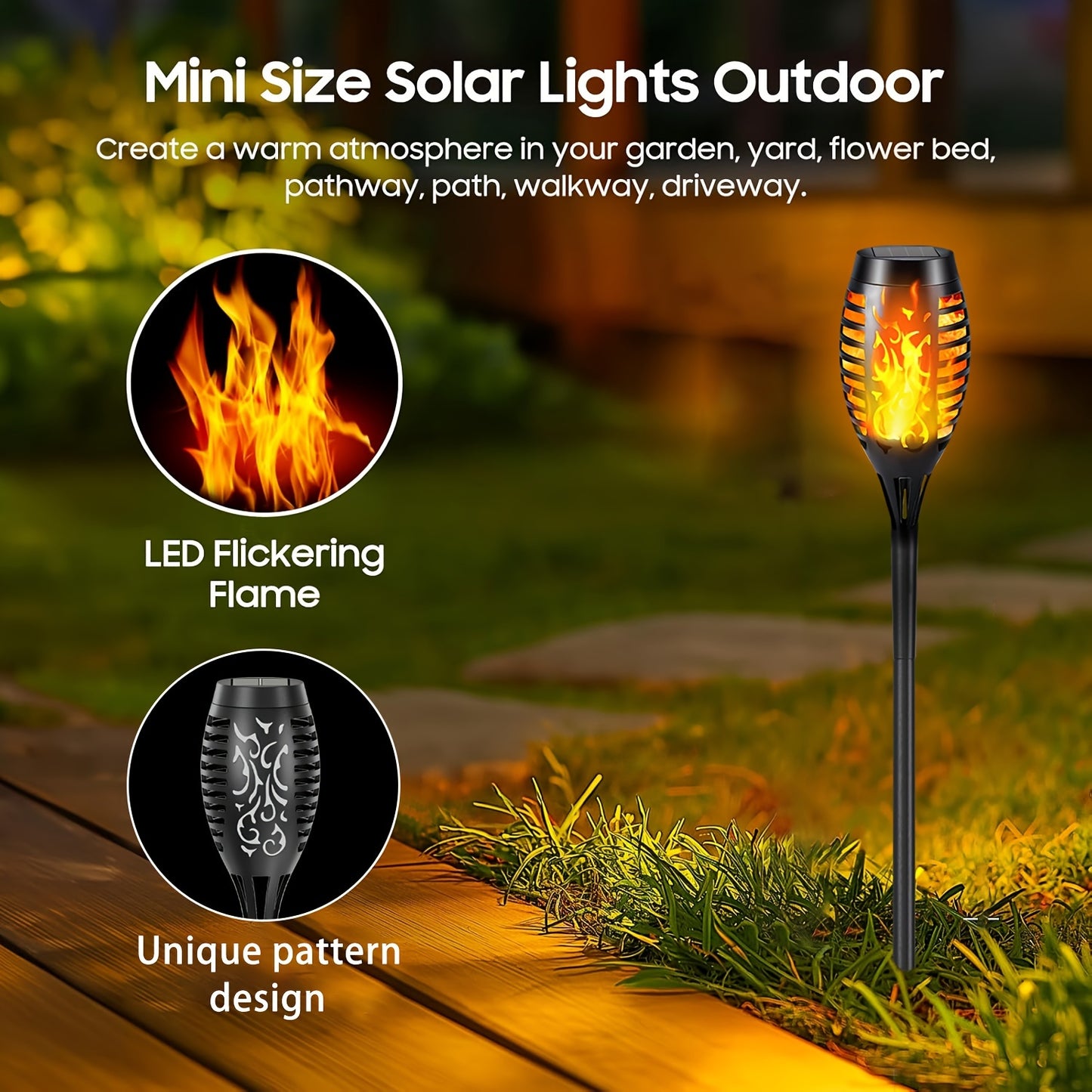 4/8/12pcs Solar Powered Flickering Flame Garden Lights – Torch Style Outdoor LED Landscape Lighting with Auto On/Off – 600mAh Solar Battery – YG488188