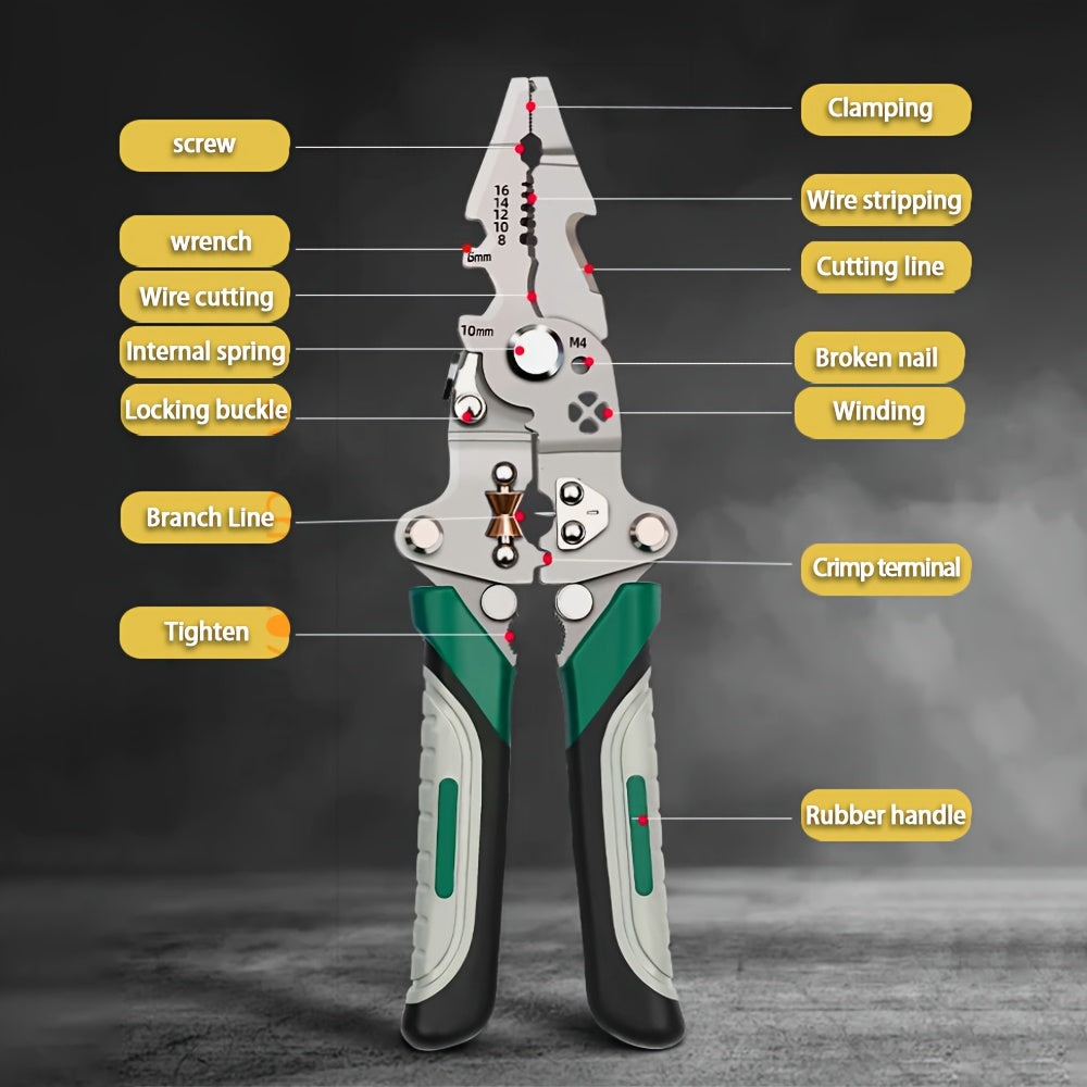 Foldable Multi-Tool Pliers for Electricians - Durable High Carbon Steel with Wire Strippers, Cutters, and Crimper - Compact Design for On-the-Go Electrical Work - Green & Gray Handles, Versatile Strippers | Ergonomic Handles Essiby