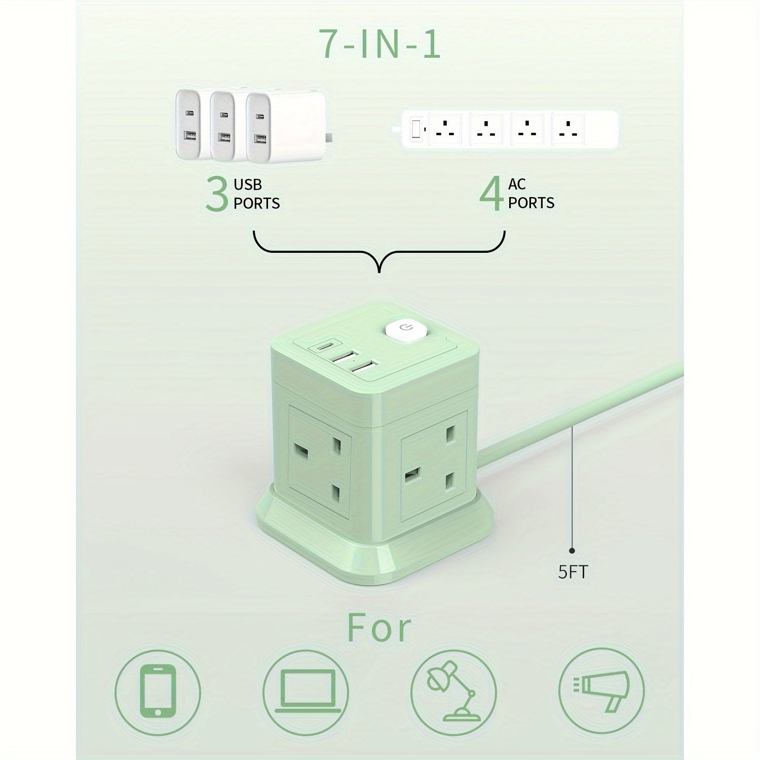 UK 7-in-1 Cubic Power Strip, 1.5M Extension Cable, With Power Switch, 4 AC Outlets And 3 USB Ports, 5-side Charging Non Blocking Design, Compact Size For Home, Office My Store