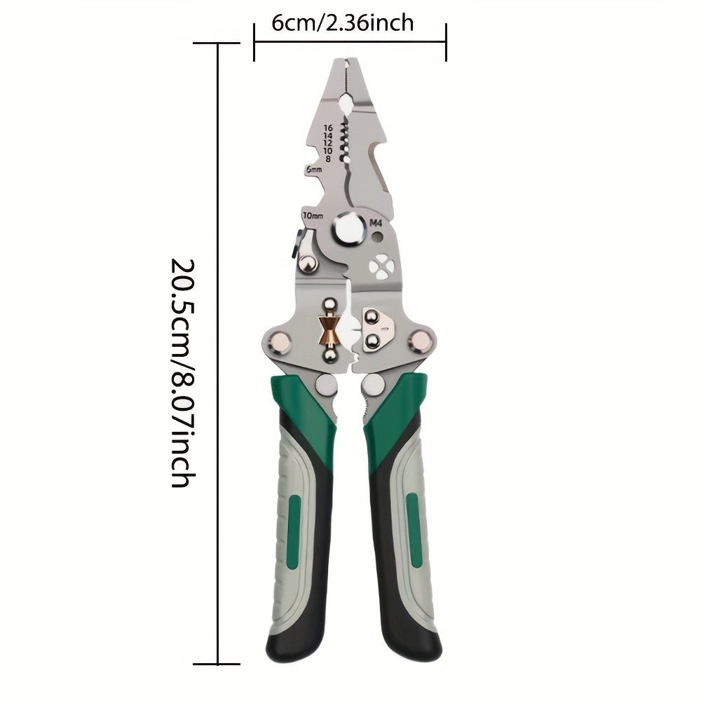 Foldable Multi-Tool Pliers for Electricians - Durable High Carbon Steel with Wire Strippers, Cutters, and Crimper - Compact Design for On-the-Go Electrical Work - Green & Gray Handles, Versatile Strippers | Ergonomic Handles Essiby
