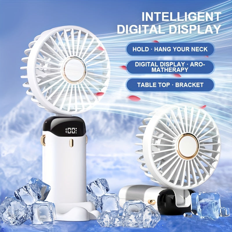 Compact USB Rechargeable Handheld Fan with Adjustable 90° Angle, Digital Display, Aromatherapy Holder, and Sleek Design – Portable Desktop Fan for Men, Women & Students (Purple & Blue/Black) My Store
