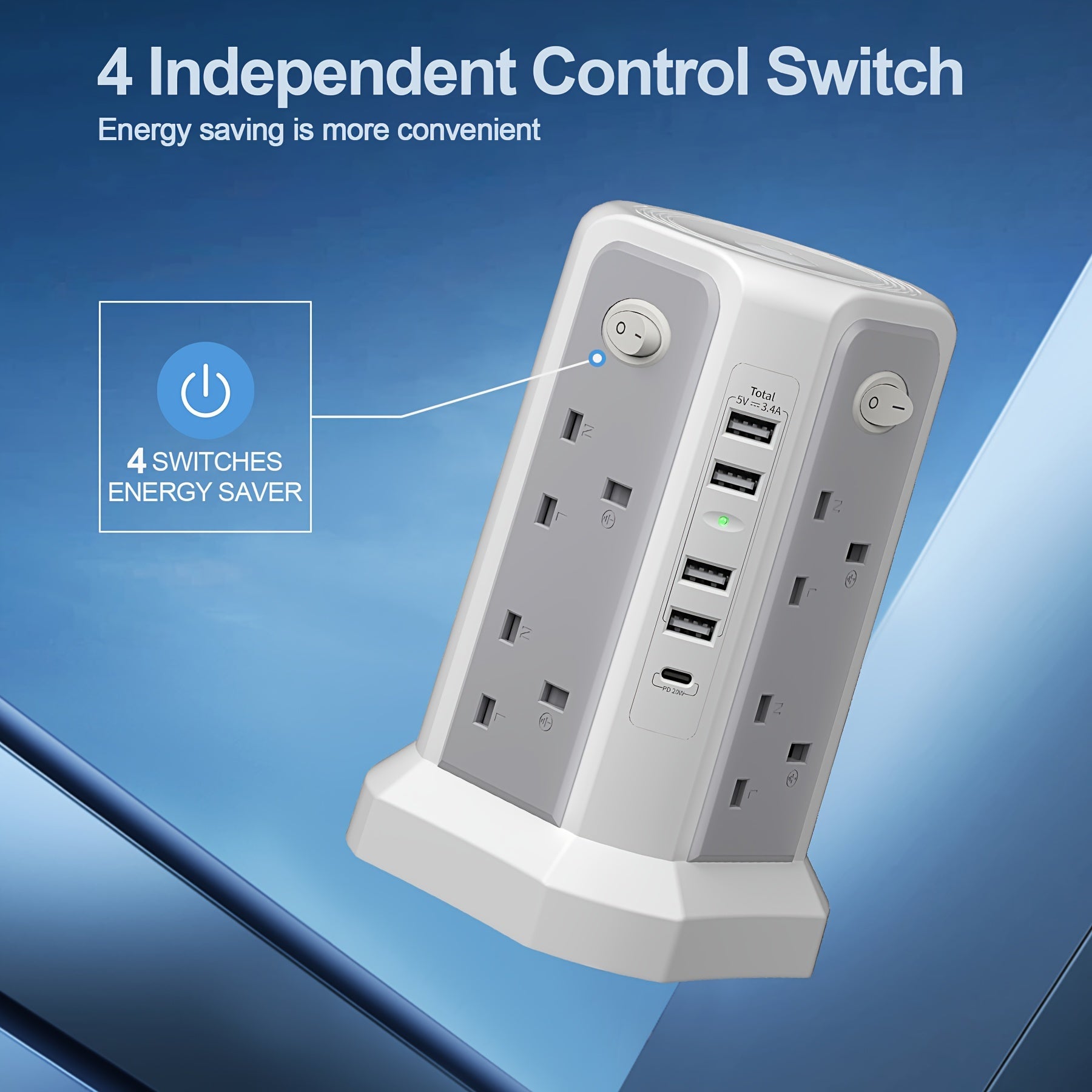 3.05M Tower Extension Lead with USB | 8 Outlets, 5 USB (20W PD) | Surge Protection & Night Light | 4 Independent Switches | 3250W Power Strip for Home & Office My Store